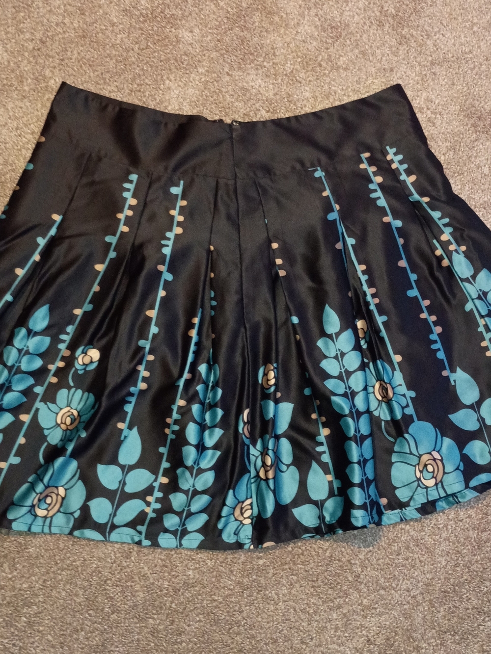 Women's Black Floral A-Line Skirt with Teal and Cream Print